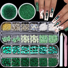 SEMATA Bow Flower charms with green rhinestones for elegant DIY manicures.
