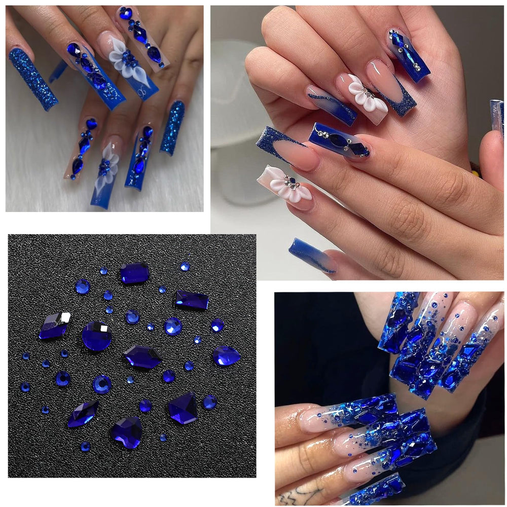 SEMATA Oval nail charms with blue rhinestones create subtle chic nails.