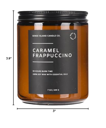 Back view of Sense Island Caramel Frappuccino candle with packaging