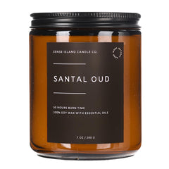 Sense Island Santal Oud candle front view in 7oz amber jar