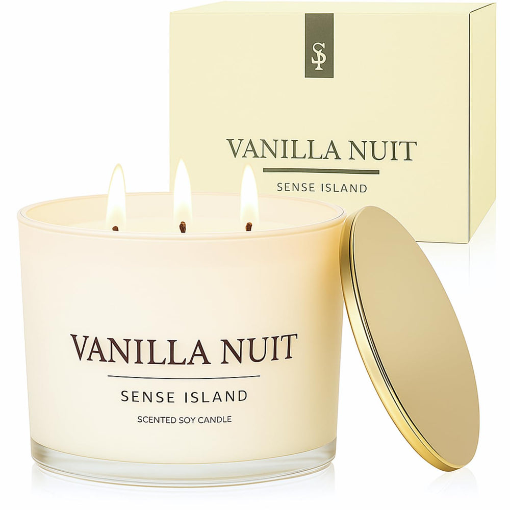 Sense Island Vanilla Nuit 3-Wick candle close-up with gold lid for premium ambiance.