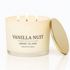 Sense Island Vanilla Nuit 3-Wick on display adds warm mood to living spaces.