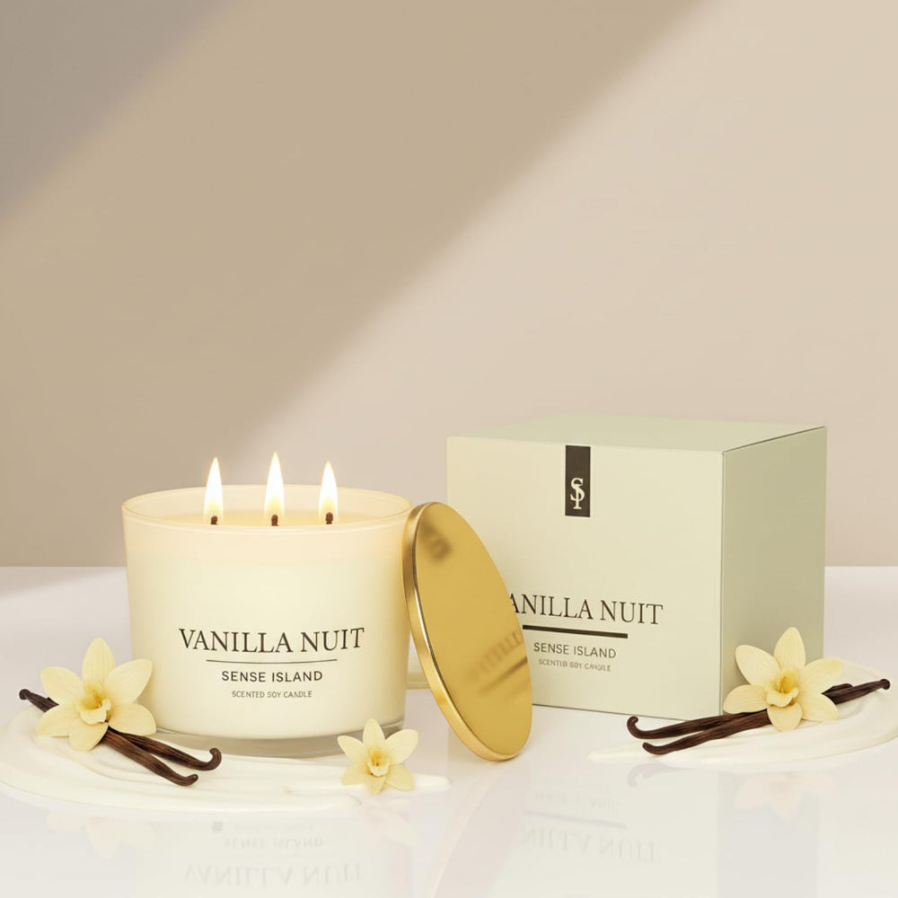 Sense Island Vanilla Nuit 3-Wick with natural soy wax delivers a clean, long-lasting burn.