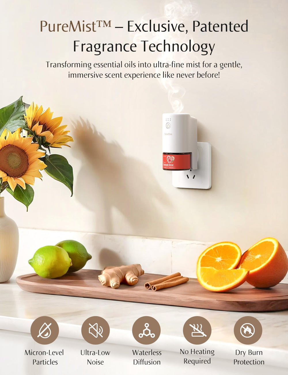 SenseFlow SF101S app control interface enables four fragrance levels and scheduling.