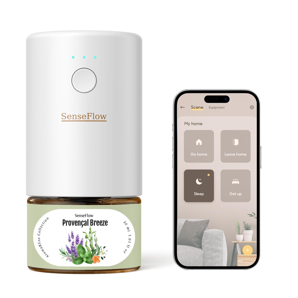 SenseFlow SF101S diffuser plugged in for continuous, waterless fragrance in the living room.