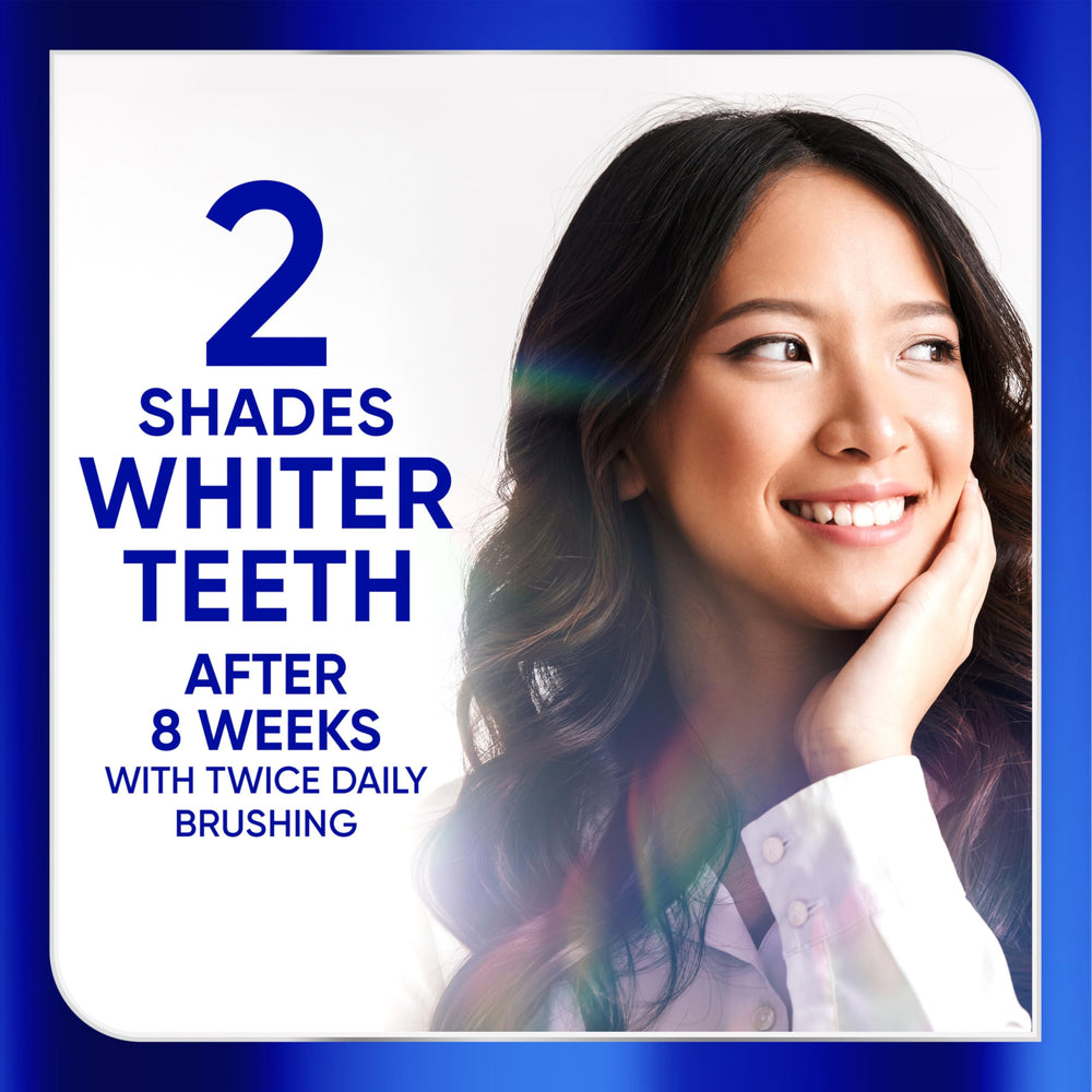 Graphic showing 2 shades whiter teeth with Sensodyne Clinical White