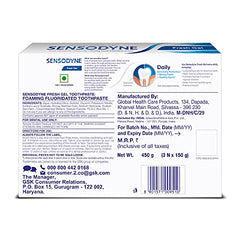 Close-up of three Sensodyne Fresh Gel toothpaste tubes