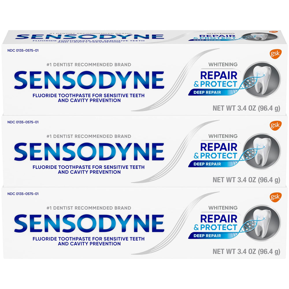Close-up of Sensodyne Repair and Protect whitening toothpaste tubes