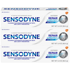 Close-up of Sensodyne Repair and Protect whitening toothpaste tubes