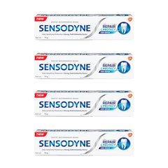 Four 70 g tubes of Sensodyne Repair & Protect toothpaste in a 4-pack