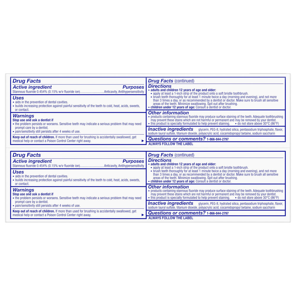 Label with twice-daily brushing recommendation on Sensodyne packaging