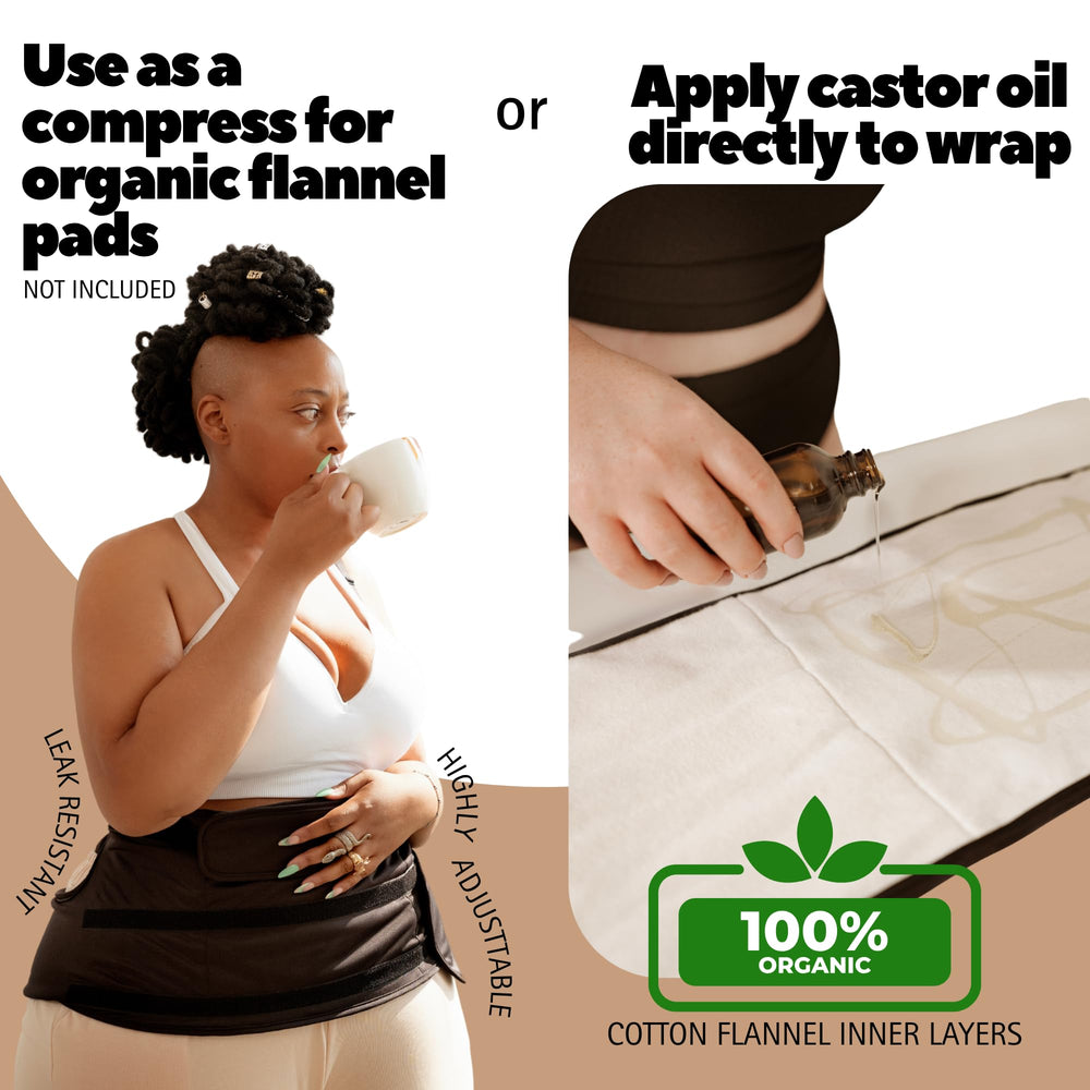 Khaki Sentre Plus-Size Castor Oil Pack Wrap laid flat with size range L-5X
