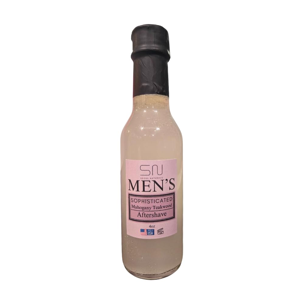 Seoul Naturals aftershave bottle pour showing premium packaging and lasting fragrance