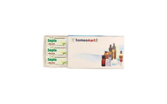 Sepia 30C homeopathy pellets in a sterile 2-dram glass vial