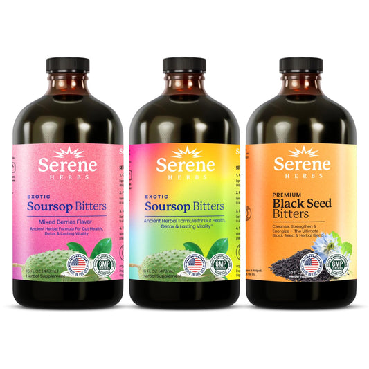 Serene Herbs Soursop Bitters Triple Bundle packaging and three 16 oz bottles