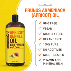 Label showing Non-GMO and Hexane-Free claims on Seven Minerals Apricot Kernel Oil