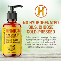 Close-up of Arnica Massage Oil ingredients: Arnica, Sweet Almond, Jojoba, Vitamin E