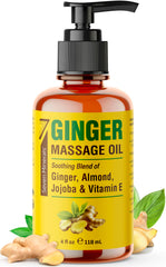 Front view of Seven Minerals Ginger Massage Oil bottle for lymphatic drainage 4 oz