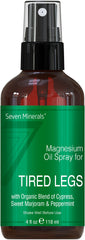 Close-up of magnesium oil spray bottle labeled Seven Minerals with essential oil blend
