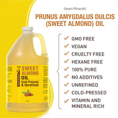 Label close-up of Seven Minerals Sweet Almond Oil 1 Gallon