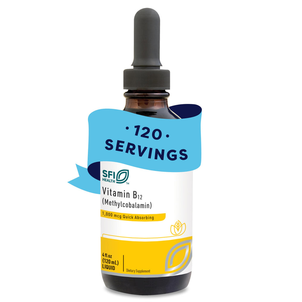 SFI Health B12 liquid bottle with dropper for easy daily use.