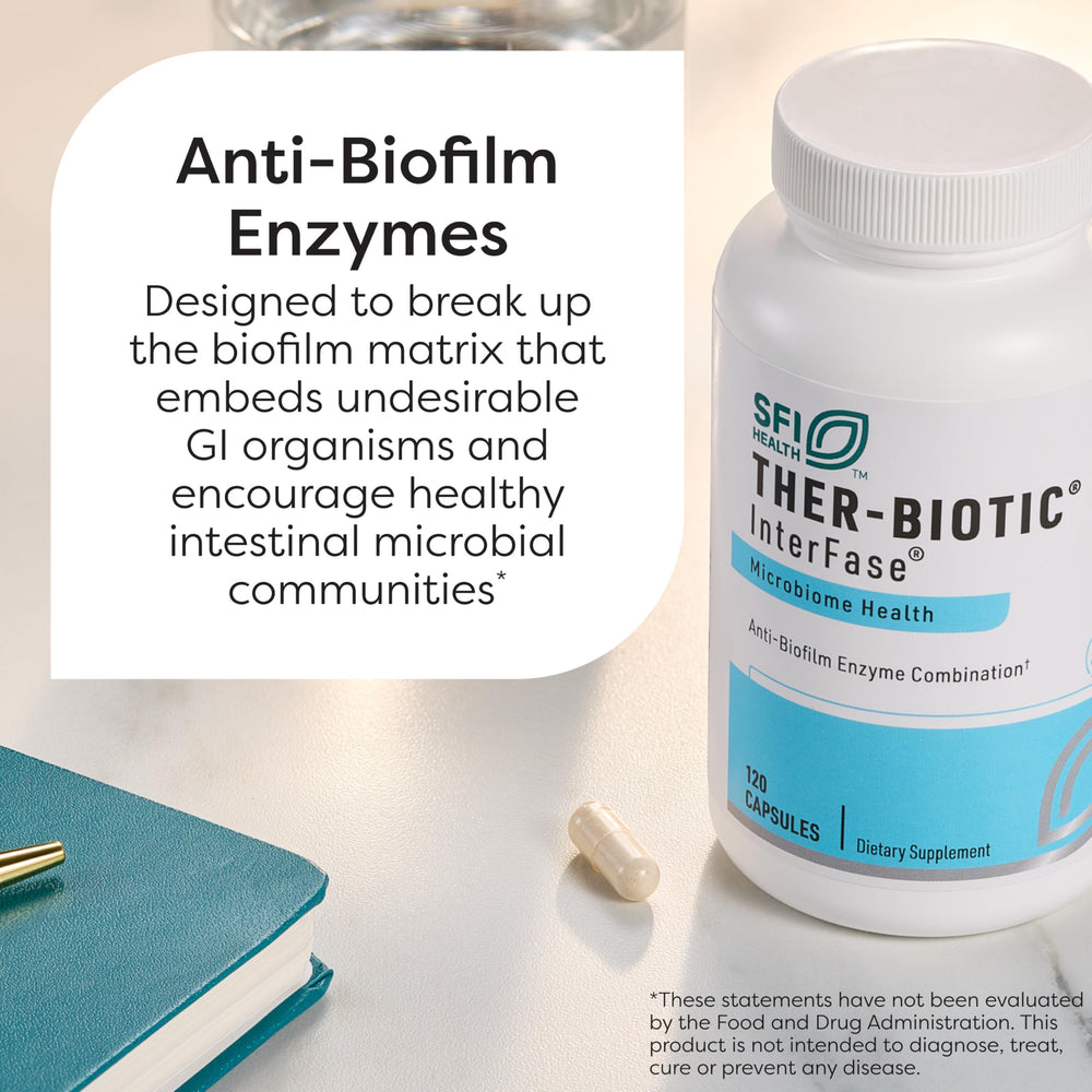 InterFase capsules resting on the label, highlighting enzyme support for gut balance.