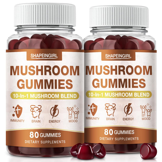 Front bottle of SHAPEINGIRL Mushroom Gummies - 10-in-1 Immune and Cognitive Boost