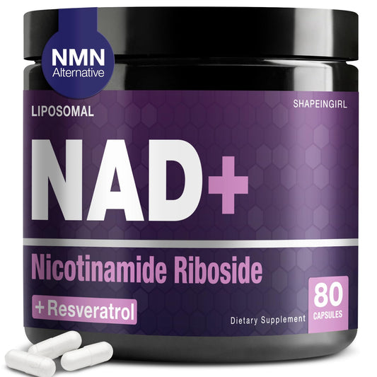 Shapeingirl NAD supplement bottle displaying 900mg Nicotinamide Riboside and Resveratrol
