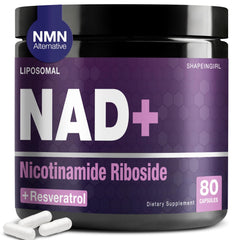Shapeingirl NAD supplement bottle displaying 900mg Nicotinamide Riboside and Resveratrol