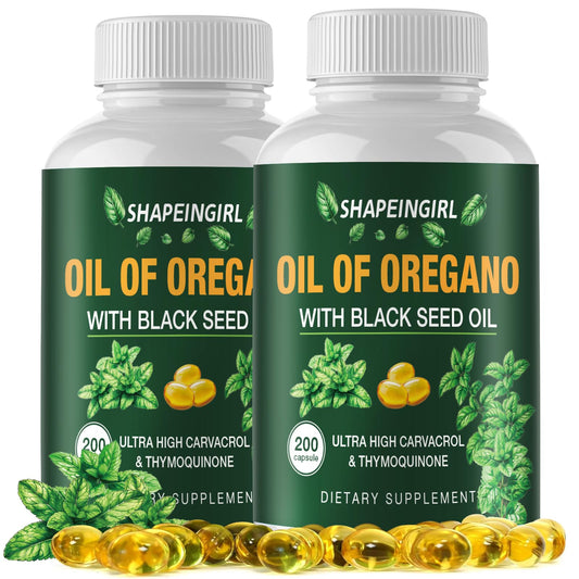 Shapeingirl Organic Oregano Oil with Black Seed Oil bottle and capsules