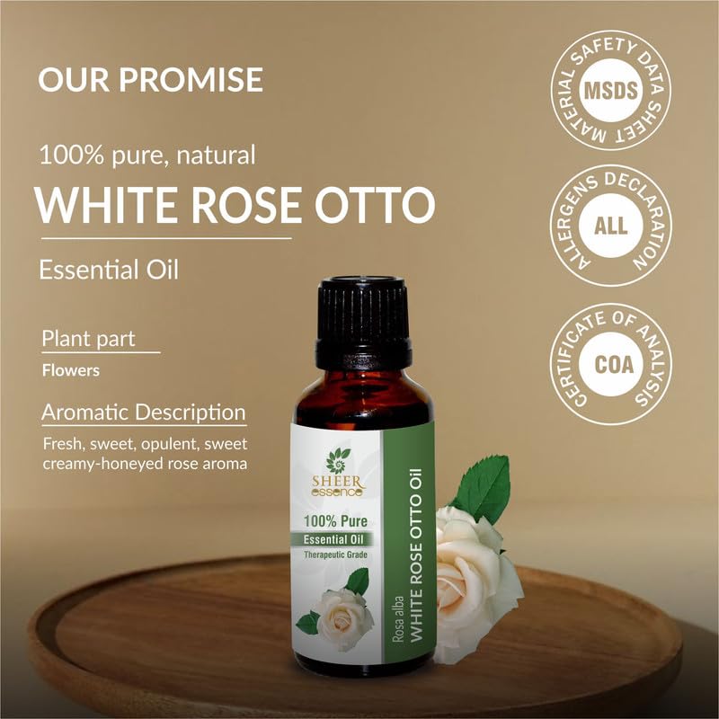 Sheer Essence Rosa Alba oil in a diffuser setup for mood enhancement.