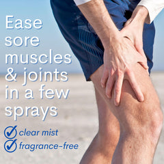 User applying magnesium spray to tense shoulder