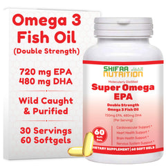 Bottle of SHIFAA NUTRITION Halal Fish Oil Softgels 60-count with double strength