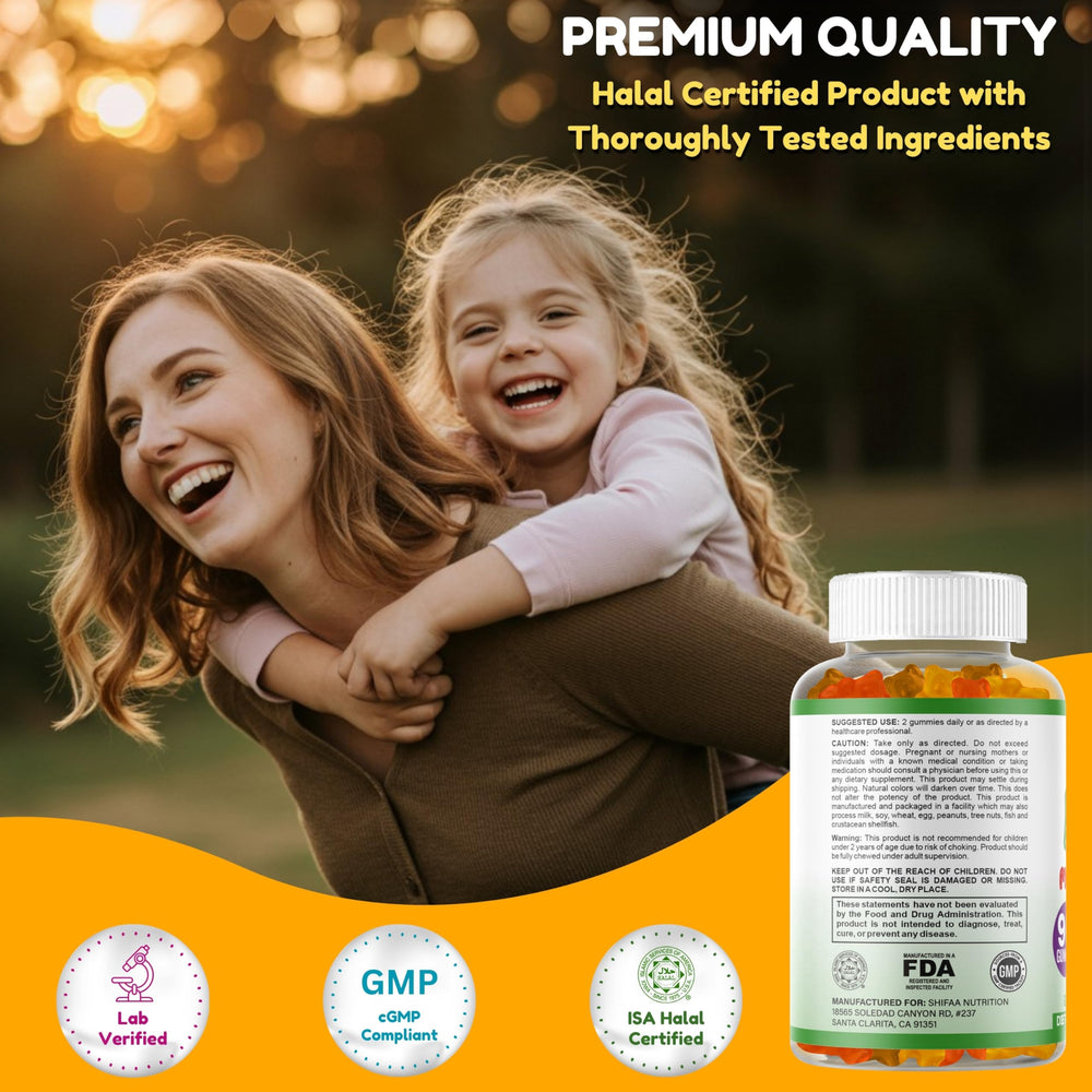 Front label showcases Non-GMO, Halal, gelatin-free attributes