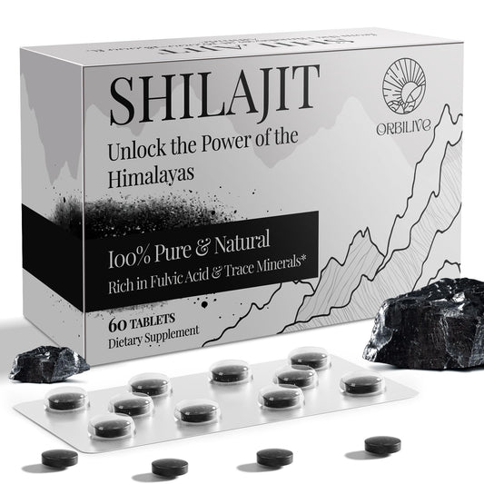 Bottle of 30,000 mg Shilajit tablets, 60-count, pure Himalayan Shilajit