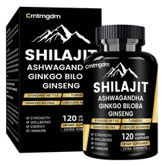 Shilajit Capsules bottle with 120 capsules on white background