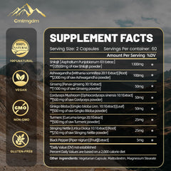 Ashwagandha root and Shilajit capsules on wooden surface