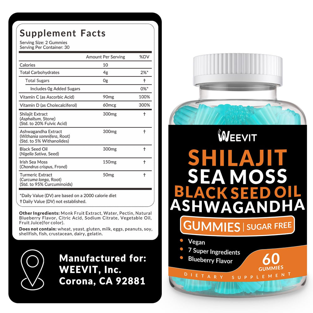 Ingredients close-up: Shilajit, Sea Moss, Black Seed Oil, Ashwagandha