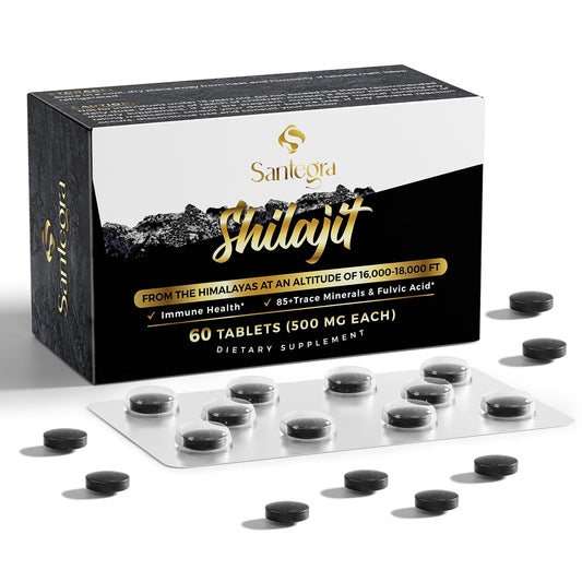 Front view of 60-count bottle of 30,000 mg Shilajit tablets
