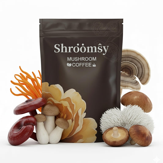 SHROOMSY Mushroom Coffee 6-Mushroom Blend label close-up
