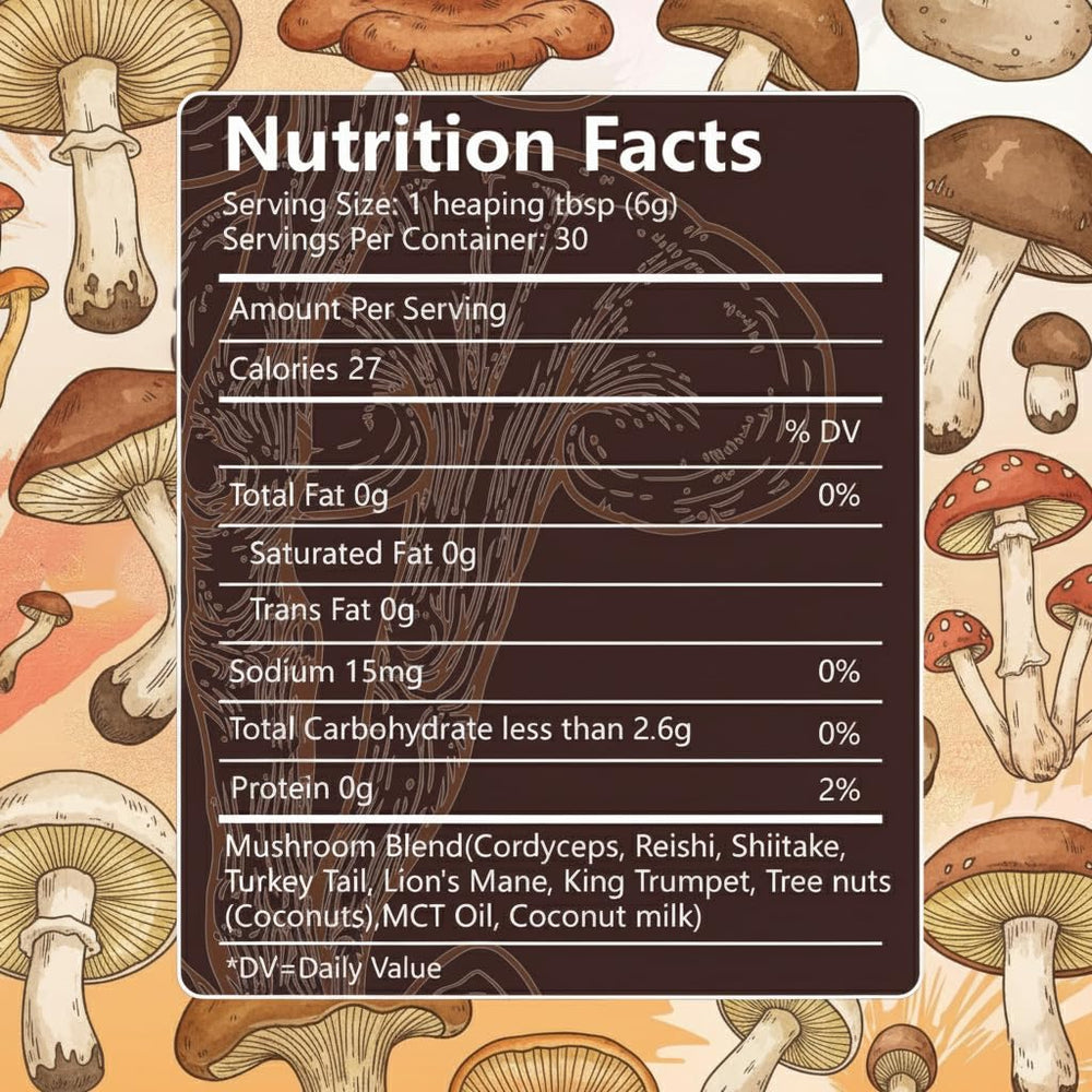 6-Mushroom blend ingredients: Lion’s Mane, Reishi, Cordyceps, Shiitake, Turkey Tail, King Trumpet