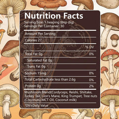 6-Mushroom blend ingredients: Lion’s Mane, Reishi, Cordyceps, Shiitake, Turkey Tail, King Trumpet