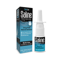 Shusher Care saline spray bottle front view for daily nasal moisture.