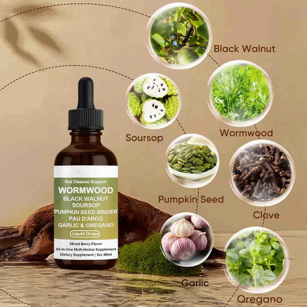 Illustration of key ingredients: wormwood, black walnut, clove, soursop