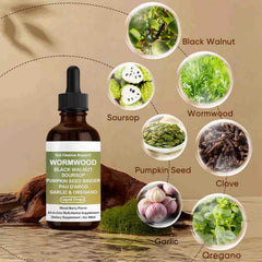 Illustration of key ingredients: wormwood, black walnut, clove, soursop