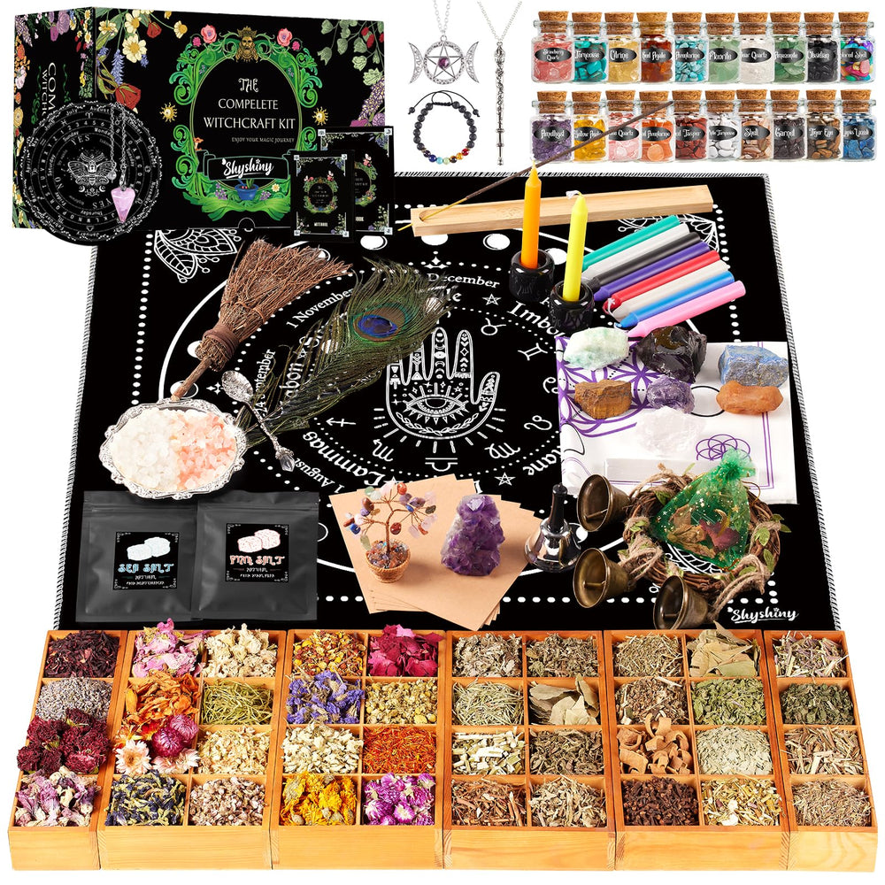 SHYSHINY Witchcraft Supplies Kit box and contents with amethyst cluster and herbs