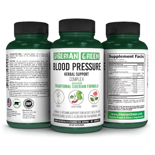 Bottle of Siberian Green Blood Cardio Pressure Herbal Support capsules