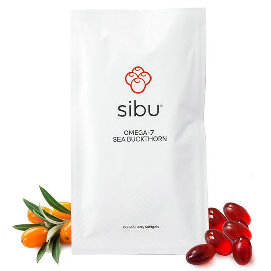 Front view of Sibu Sea Buckthorn Omega-7 Softgels 30-day refill sachet