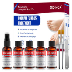Sidinox toenail fungus treatment bottle shows extra-strength formula for nail health.