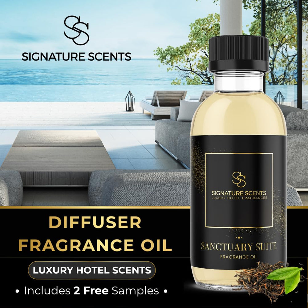 Close-up of Sanctuary Suite diffuser oil bottle